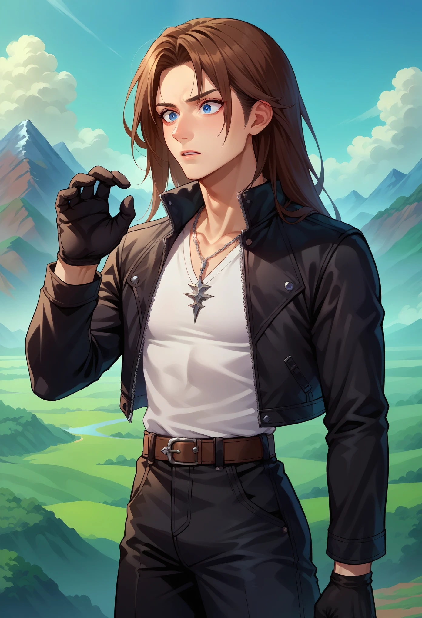 score_9, score_8_up, score_7_up, 1boy, solo, squall, (small breasts) , slender body, necklace, brown hair, long hair, gloves, white shirt, blue eyes, shirt, black gloves, jacket, black jacket, trim jacket, black pants, scar, scar on face, parted bangs, thin waist, shocked face, stiff hands, standing, cowboy shot, looking down, landscape,
