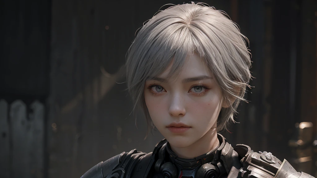 masterpiece,Game Art,Best picture quality,Maximum resolution,8K,(portrait),Unreal Engine 5 rendering works,(Digital Photography),((portrait Feature:1.5)),20-year-old boy,Short hair details,Short bangs,(The red eye makeup is carefully applied),(Has short grey hair:1.4),(Large target, Strong chest muscles),Elegance and nobility,Brave and charming,(The future armor combines the characteristics of Chinese armor,hollow-carved design,Power Armor,Mysterious oriental runes,Exquisite clothing patterns,Magic Flash),Future Warrior,Cyberpunk Characters,War Background,
light，Ray Tracing，Game CG，((3D Unreal Engine))，OC rendering reflection mode