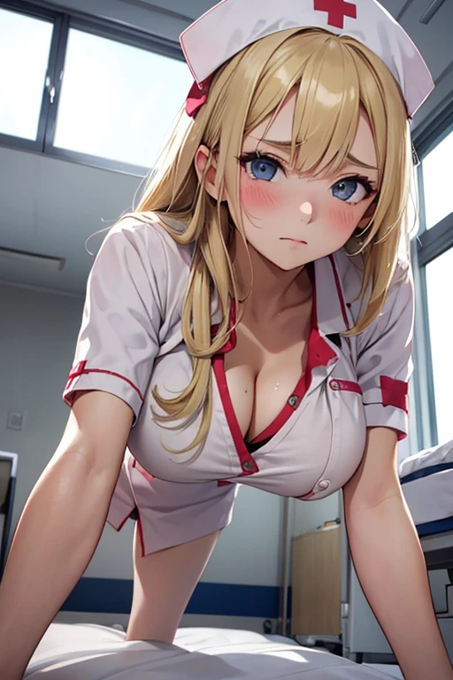 A nurse on all fours on a hospital bed, 20-year-old, blonde, Slanted Eyes, blush, Troubled face, Sexy nursing clothes, Nurse cap, I see big breasts, From below