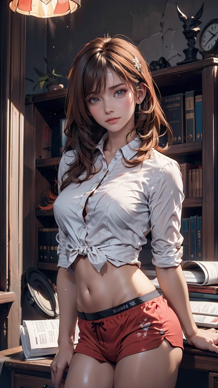 Portrait of a beautiful 18 year old girl, Redhead, Gorgeous Chinese, Cotton panties, At the entrance, (dark private office, Dark and gloomy light: 1.2)