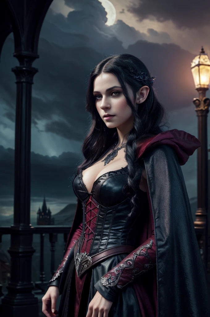 Fantasy art, Gothic art, (masterpiece:1.5), whole body, best details, very detailed, Best quality, glowing purple, a high resolution, Full-length portrait of a vampire, elf (masterpiece, Best quality: 1.6), ultra feminine, Wizard, (complex parts, masterpiece, Best quality: 1.5) with long, curly hair,  black hair hair, (red: 1.2) eyes, (Fantasy art, masterpiece, Best quality), ((Beautiful gentle face)), Ultra detailed face (complex parts, Fantasy art, masterpiece, Best quality: 1.5), [[vampire fangs 1.5]] (red cloak: 1.3) , flowing cloak (complex parts, Fantasy art, masterpiece, Best quality: 1.3), wear fancy clothes (BLUE:1.3) dress (complex parts, Fantasy art, masterpiece, Best quality: 1.5), high heel boots, City background (rich details, play up the details), Fantasy, In the Night Light, natural ,Moonlight, clouds, Gothic atmosphere, soft light, dynamic light, [[Anatomically correct]], high detail, Best quality, 8 K, [Ultra detailed], masterpiece, Best quality, (extremely detailed), Dynamic angle
