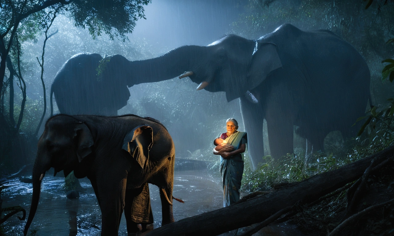 A rain-wet elderly woman dressed in a sari carrying a baby (age 2 years) in a dark landslided forest stream at night, she sees an elephant in front and looks scared, the baby also appears frightened, the scene captures a front-wide view of a rain-soaked male Asian elephant illuminated by soft blue light, highlighting the intricate textures of its skin and its solemn expression, 8k award-winning photograph, inspired by Steve McCurry, Atey Ghailan, Ibrahim Kodra, and Irakli Nadar, cinematic concept art, unsplash contest-winning photo, blending artistic portraiture with a film still aesthetic, 
