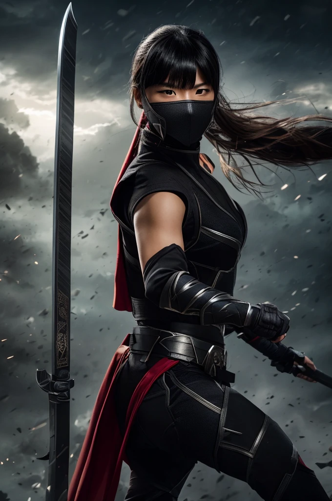 superhero, modern super hero costume, ninja, ninja costume, ninja mask on the face, With a Chinese sword, Jin sword,with a Chinese sword, Beautiful Chinese woman, Chinese woman with bangs, courageous character, Kind, Brave, determination, on the battlefield, atmospheric perspective, Motion blur, 8k, super detailing, Best quality, uhd, high detail