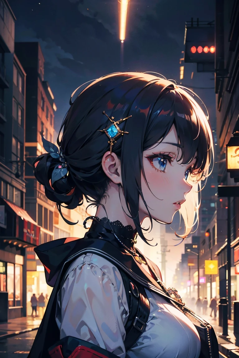 a detailed side view portrait of a beautiful anime girl with cinematic lighting, holding a diamond, in a futuristic city, digital art, 4k, high quality