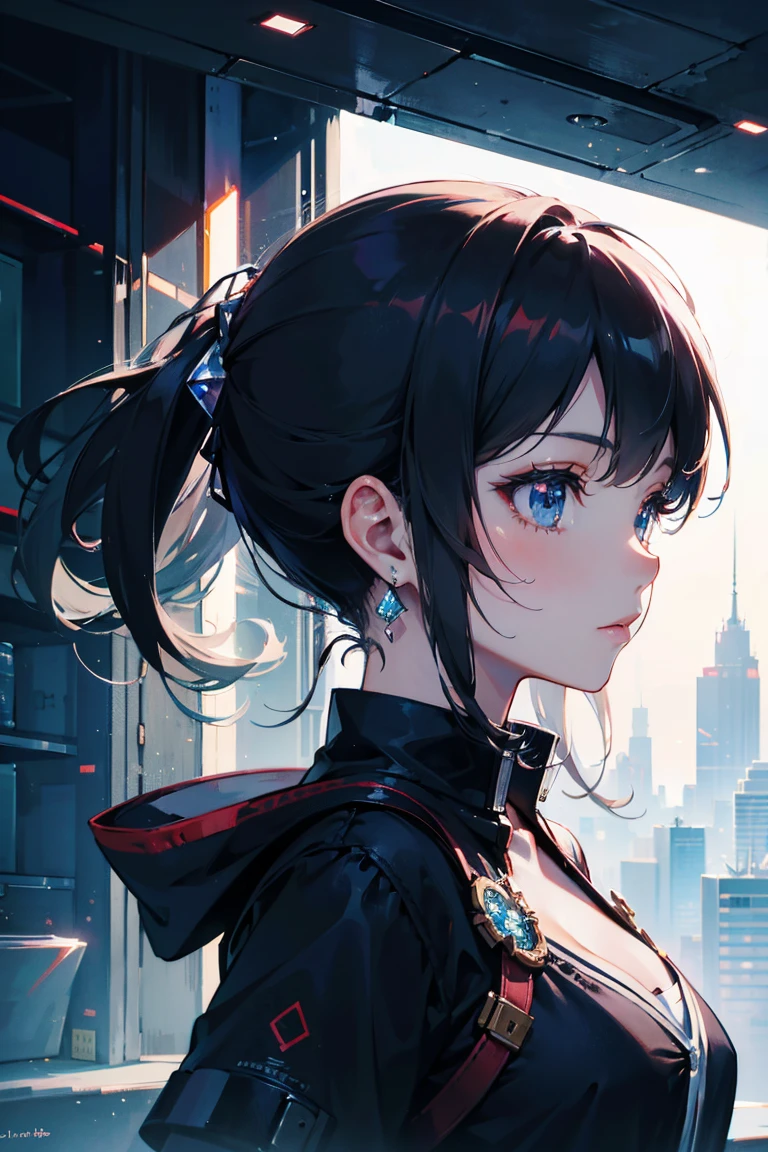 a detailed side view portrait of a beautiful anime girl with cinematic lighting, holding a diamond, in a futuristic city, digital art, 4k, high quality