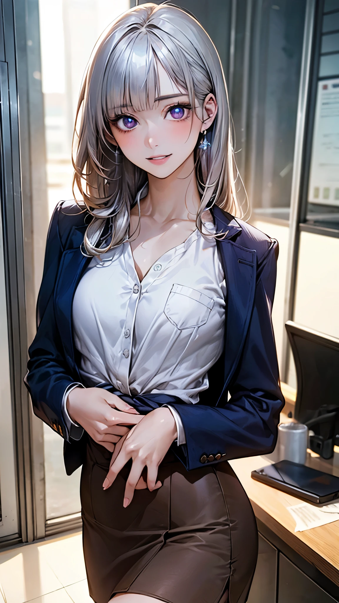 (masterpiece:1.2, top-quality), (realistic, photorealistic:1.4), beautiful illustration, (natural side lighting, movie lighting), depth of fields, nsfw,
beautiful detailed hair, beautiful detailed face, beautiful detailed eyes, beautiful clavicle, beautiful body, beautiful chest, beautiful thigh, beautiful legs,
looking at viewer, 1 girl, 20 years old, office lady, (perfect anatomy, anatomically correct, super detailed skin), cute and symmetrical face, perfect face, perfect eyes,
(long hair, straight hair:1.5, sideburns, silver hair), blunt bangs, break purple eyes, big eyes, long eye lasher, (medium breasts, seductive thighs), perfect body, shiny skin, pink skin,
(detailed cloth texture, break white collarless shirt, break (long sleeve navy suit jacket), break light brown tight skirt), break
(beautiful scenery), (office:1.2), walking, (waving hand), (lovely smile, parted lips),