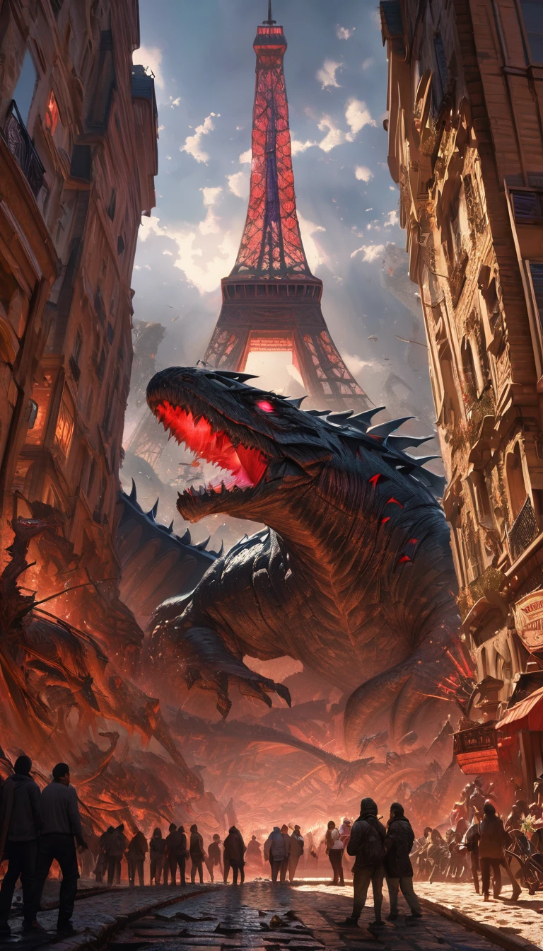 Illustrate a 500-meter-tall Kaiju with an elegant, serpentine body and a menacing expression attacking Paris. The Kaiju should have a sleek, reptilian appearance with intricate scales and glowing eyes. Show it wrapping around the Eiffel Tower, causing destruction with its powerful tail. The city should be depicted with iconic landmarks, cobblestone streets, and a romantic atmosphere turned chaotic. Emphasize the photorealistic details, dynamic composition, and cinematic lighting to create a masterpiece. Capture the awe-inspiring scale and expressive face of the Kaiju.

. creating a sense of awe and tension. 8K, extremely detailed, intricate details, photorealistic, masterpiece, cinematic lighting, dynamic composition, Visual effect, dramatic shadows, awe-inspiring scale, kaiju with expressive faces, ultra wide angle shot, and focus on the creation of kaiju, hyper detailed kaiju, hyperrealistic
