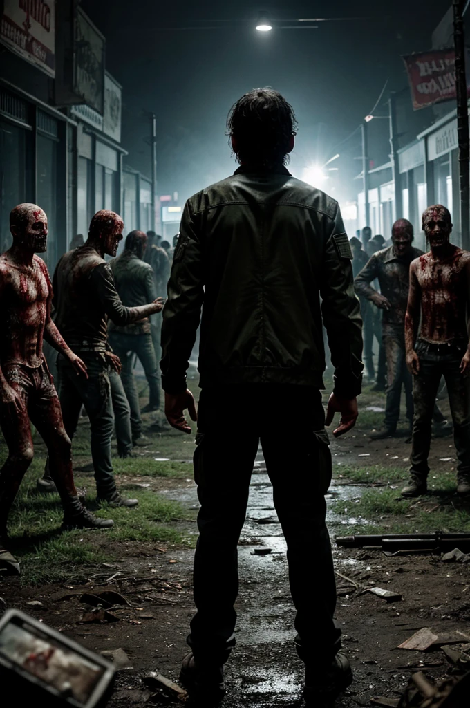A man standing in front of numbers of zombies, cinematic footage, camera moves from zombie side to back of the man