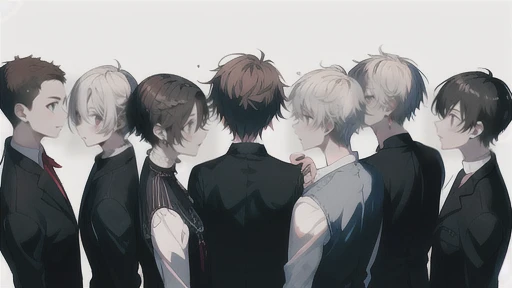 (Masterpiece), (Best Quality), Very detailed, (( 7 Friends:1.5)), Perfect Face, Beautiful Face, Very detail, (short Black-haired man), (short Silver-haired man), (short Blonde-haired man), (short Dark-curly haired man), (short Golden-haired man), (short Brown-haired man), (short White-haired man)、white shirt、standing at a distance, facing away from the camera