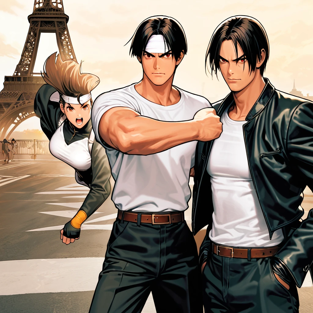 masterpiece, 2 people, ツーshot, Highest quality, 8k, Full Hand Portrait, Action pose, Fight Scene: 1. 5,(kyo kusanagi), Man has black skin、Red eyes、One person、((White headband))ツーshot、Black jacket(Roll up your sleeves)、Fingerless gloves、Black Hair、White T-shirt、Black trousers、White shoes、Brown belt、((kyo kusanagi fighting woman with same clothes and hairstyle))boyish、 good looking, shot, Charming, masterpiece, High resolution, Detailed face, Fine grain, morning, A confident smile, Man and woman fighting with the Eiffel Tower in the background, same hairstyle and clothes, Angry men and women, Angry face, same hairstyle and clothes: 1. Attack Speed 5, Fast Attack, Angry face, Angry face