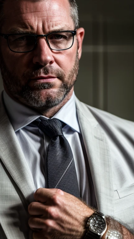 An award-winning original photo，A muscular man, (40 years old daddy:1.1), 1boy, Solo, (black suit), (white dress shirt), (black print necktie), (big shoulders), musculature, dad bod, stubbles, Short beard, (Detailed body), realistic eyes, wearing glasses, deadpan, (fixing his wrist watch pose), (looks intimidating), looking at viewer, dark lighting, (Best quality, A high resolution, Photorealistic), Cinematic lighting, Masterpiece, RAW photo, Intricate details, hdr, depth of field, upper body shot, (realistic:1.2), (from the front and from below)