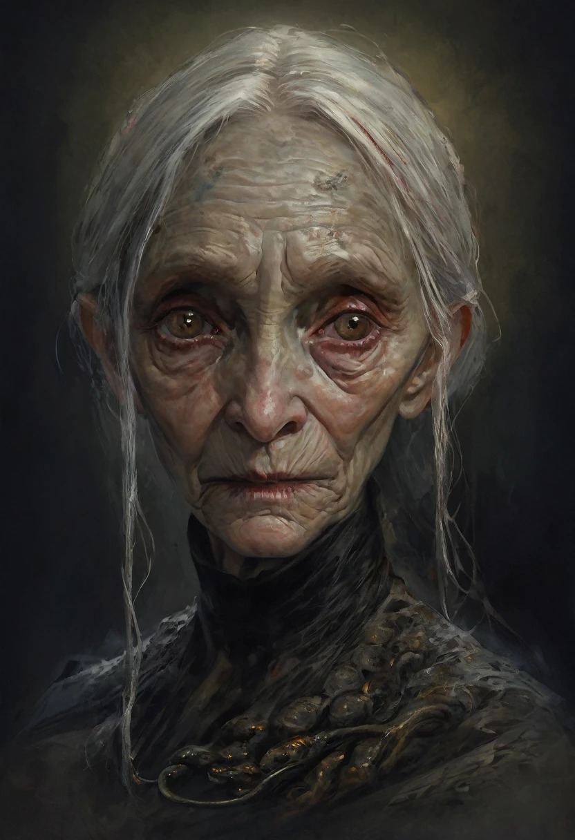 oil painting,Denis Forkas style,baroque,dark atmosphere,creepy,professional illustration,professional painting, Portrait of old deformed woman like she was a demon, deformed creepy portrait from the deep abyss,snakes,intricate details,best quality,4k,8k,highres,masterpiece:1.2,ultra-detailed,realistic,photorealistic,photo-realistic:1.37,HDR,UHD,studio lighting,ultra-fine painting,sharp focus,physically-based rendering,extreme detail description,professional,vivid colors,bokeh