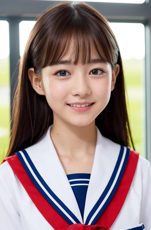 ((Highest quality, 8k, Tabletop: 1.3)), beauty, 1 Japanese girl, Dark brown hair, , , smile, Please stand near the classroom window......., Blunt bangs, Down ponytail, Face Focus, Detailed face, Thin lips, Big Eyes、Sparkling eyes、Beautiful Eyes, double eyelid, Tear bags、 1.2, (((Japanese Uniform、Summer sailor uniform,)))alive、Sister type beautiful girl、Innocence、Pure、skinny、Exposed Skin、Small breasts、 Even cuter face、White Sailor Suit、small but well-shaped bust,,Japanese Uniform、Summer sailor uniform、Red scarf、Glowing black eyes、Ponytail suits you、Vivid expression、Honor student、