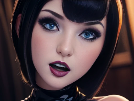 Attractive girl with big blue eyes, White skin, eyeliner and open mouth showing vampire fangs, short black hair with bob bangs, voluminous lips, thin nose, slim bodies nsfw big tits, Image 1.2, high resolution 12k gothic makeup fanart Awesome 