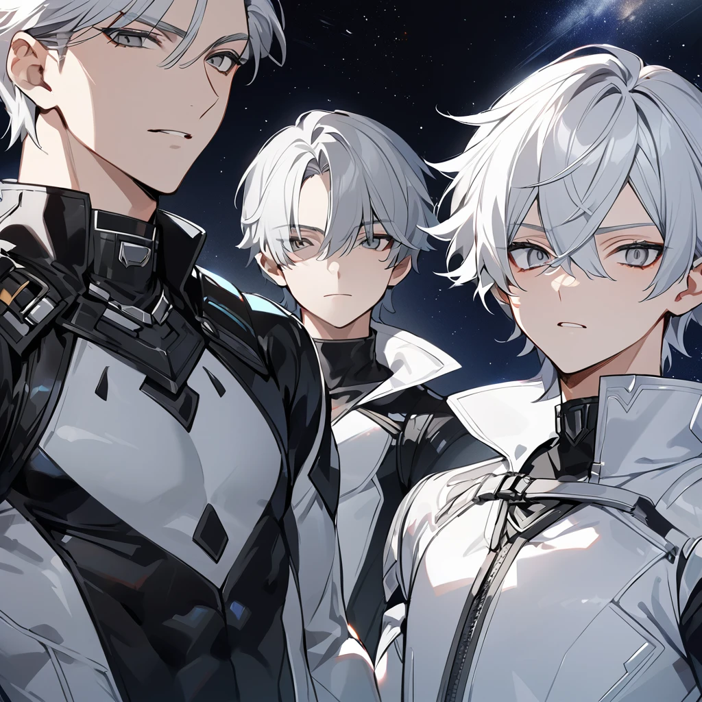 High quality, HD, 4k, no shadows, handsome male, 1male, 17 years old, teenager, short white hair, silver hair, white hair, sharp eyes, grey colored eyes, deep grey eyes, grey eyes, devil may cry, close up, calm expression, stoic expression, black leather clothes, white leather clothing, lean body, well trained body, upper body, looking at viewer, cowboy shot, white solar, space background