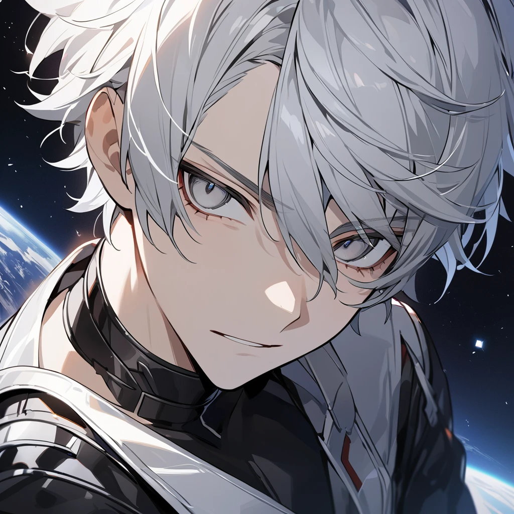 High quality, HD, 4k, no shadows, handsome male, 1male, , teenager, shwhite hair, silver hair, white hair, sharp eyes, grey colored eyes, deep grey eyes, grey eyes, devil may cry, close up, calm expression, stoic expression, black leather clothes, white leather clothing, lean body, well trained body, upper body, looking at viewer, cowboy shot, white solar, space background