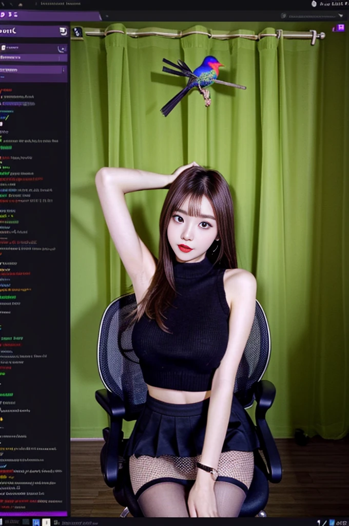 (Bird-eye perspective : 1.5), (((SFW : 1.2))), (intricate details:1.2), (masterpiece:1.3), (top quality:1.4), (Ultra A high resolution:1.2), 8K resolution, dark, (high quality), A woman is filming a Twitch broadcast, she is look happy, korean, 23 years old, fairly slim body, femme fatale makeup, slim waist, her legs is slim and beautiful, fan service, hair turned to one side, hair bang, she being weared sleeveless knit and mini skirt, wearing pantyhose in the skirt, this scene is Personal broadcast interface screen, BJ, female's Cam, on a private broadcast., Shooting equipment, various props, a Girl's Room for personal photography purposes, being sexy pose and dancing on the chair, cowboy shot, her gaze looking downward, she is talking funny with you, daincing, both elbow and arms up, shake the hip, she makes interesting reaction poses herself, microphone on a desk, Chat communication with viewers, Show chat log, Show viewers list, twitchchat, blackout curtain installed background, indirect light, language is Korean, 