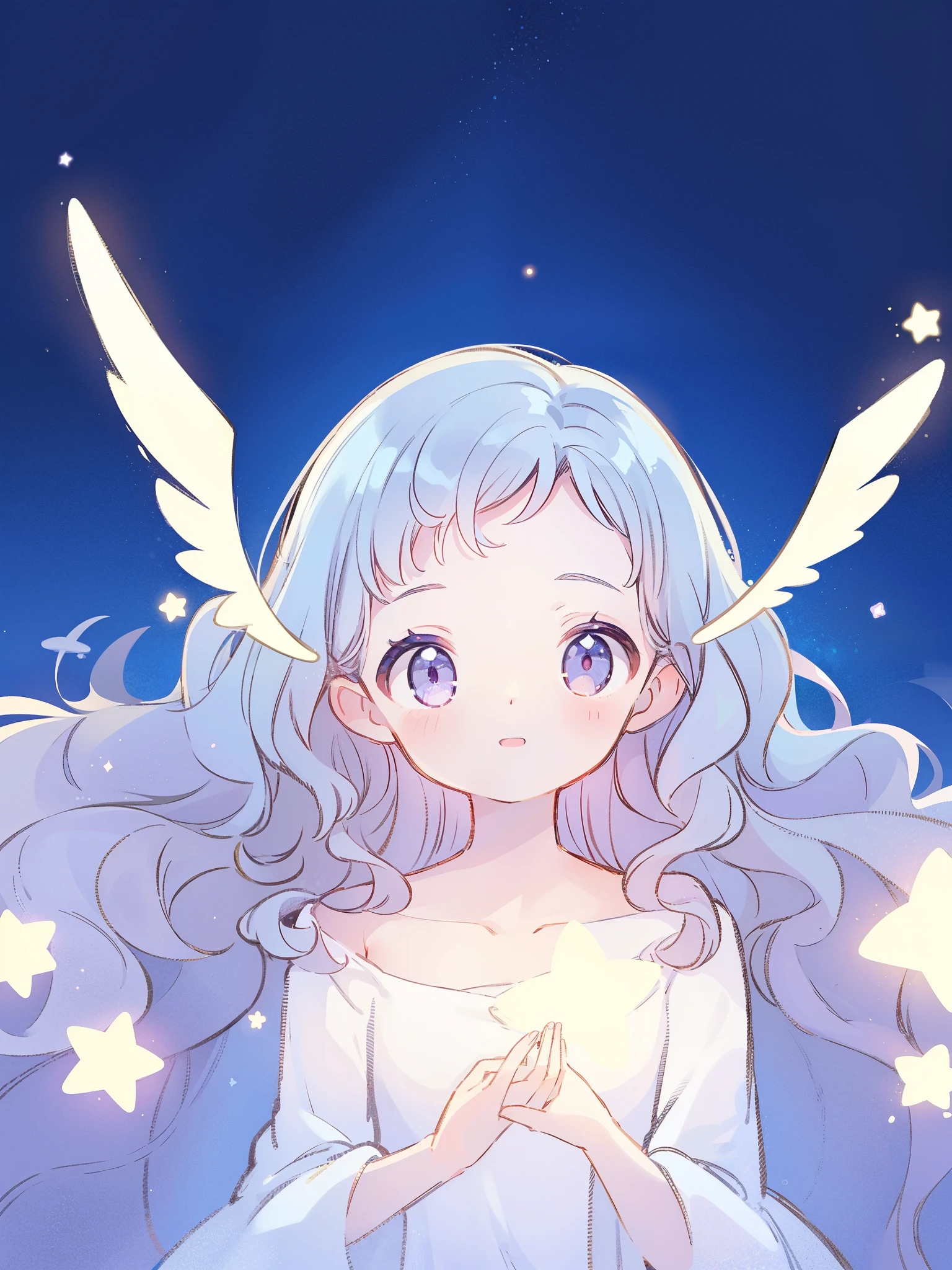 nude angel girl wearing an ethereal translucent dress, pale skin, ((wavy gradient blue purple hair)), white feathers, angel wings, sparkling detailed eyes, golden ratio face, perfect composition, highly detailed, ethereal, (starry night sky background), midjourney style
