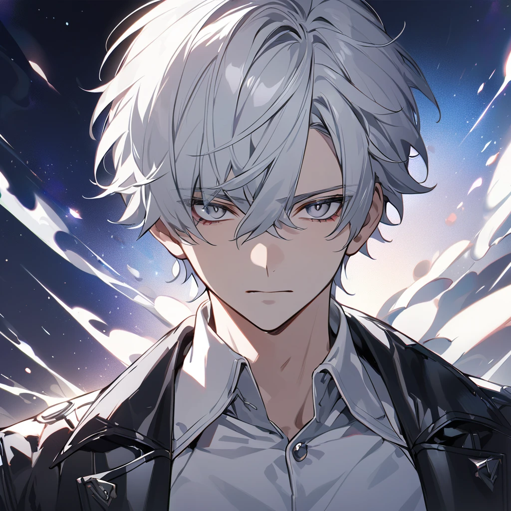 High quality, HD, 4k, no shadows, handsome male, 1male, 17 years old, teenager, short white hair, silver hair, white hair, sharp eyes, grey colored eyes, deep grey eyes, grey eyes, devil may cry, close up, calm expression, stoic expression, black leather clothes, white leather clothing, lean body, well trained body, upper body, looking at viewer, cowboy shot, white solar, space background