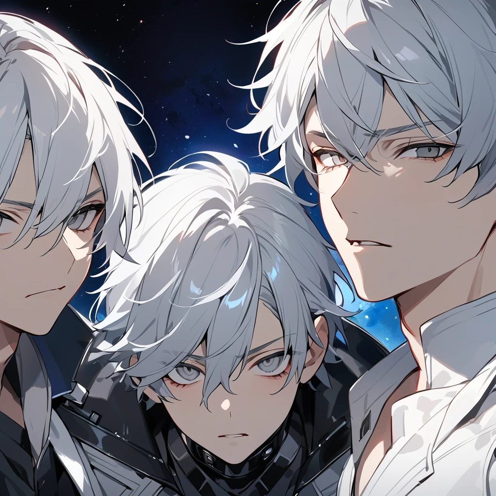 High quality, HD, 4k, no shadows, handsome male, 1male, 17 years old, teenager, short white hair, silver hair, white hair, sharp eyes, grey colored eyes, deep grey eyes, grey eyes, devil may cry, close up, calm expression, stoic expression, black leather clothes, white leather clothing, lean body, well trained body, upper body, looking at viewer, cowboy shot, white solar, space background