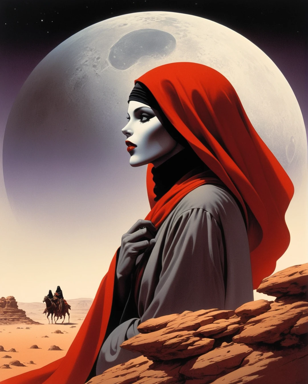 Art style by Richard Corben, Art style by Jim Starlin, Art style by Philippe Caza, (Masterpiece, Top Quality, Super Detail, High Resolution, Best Illustration), 1990s (style), 1980s (style), retro art style, Highest image quality, (Masterpiece, top quality, super detail, high resolution, best illustration), vintage, 1990s \(style\), dynamic angle, Saudi Arabian Bedouin, Duotone, Red and Black Only, in a distant rock, in the style ofrichard corben, brothershildebrandt, distinctive noses,space art, darkly detailed,mars ravelo, dark silver andcrimson