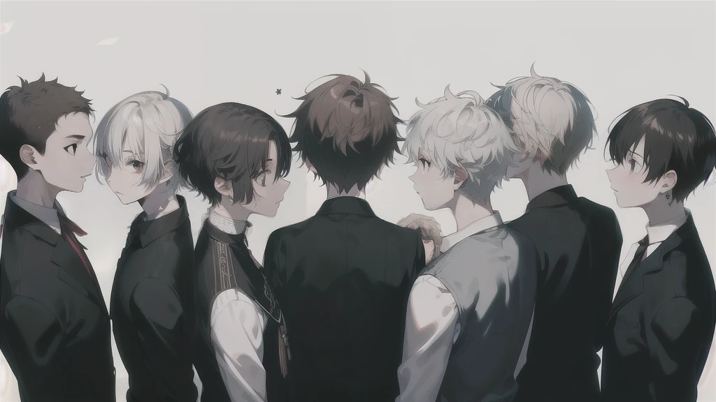 (Masterpiece), (Best Quality), Very detailed, (( 7 Friends:1.5)), Perfect Face, Beautiful Face, Very detail, (short Black-haired man), (short Silver-haired man), (short Blonde-haired man), (short Dark-curly haired man), (short Golden-haired man), (short Brown-haired man), (short White-haired man)、white shirt、standing at a distance, facing away from the camera