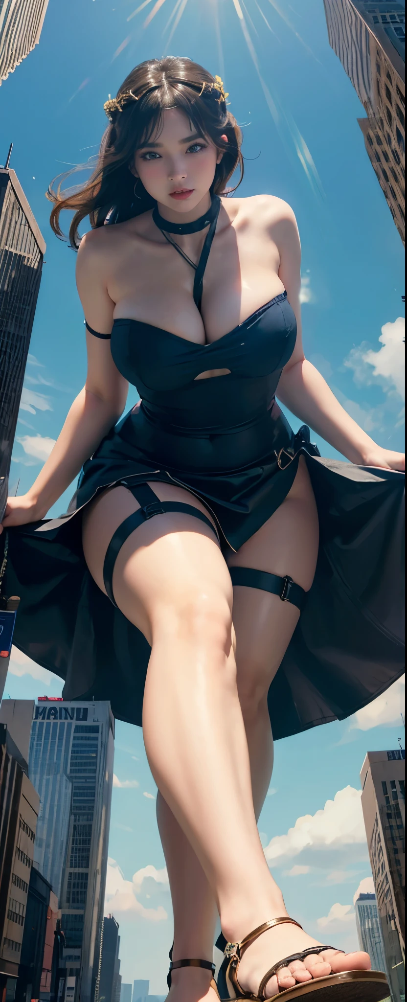 a titan woman,a giant woman,Low angle shooting, shooting from a low upward angle, using a wide-angle lens, placing the person at the center of the frame or at the intersection points of the rule of thirds, ensuring the subject fits entirely within the frame. Appropriate lighting enhances the subject's three-dimensionality and depth.busty mom ,mature mom ,big breasts, huge ,long legs ,thick thighs,sexy body,wearing Strap Dress,Halter Top,Bandeau, Hot Pants, Mini Skirt,pantyhose, Garter Belt with Stockings,Golden curls, with a naive mind, a clumsy look, slow-witted, and a bit silly.blue eyes,Red lips, big eyes.Open-toe sandals.