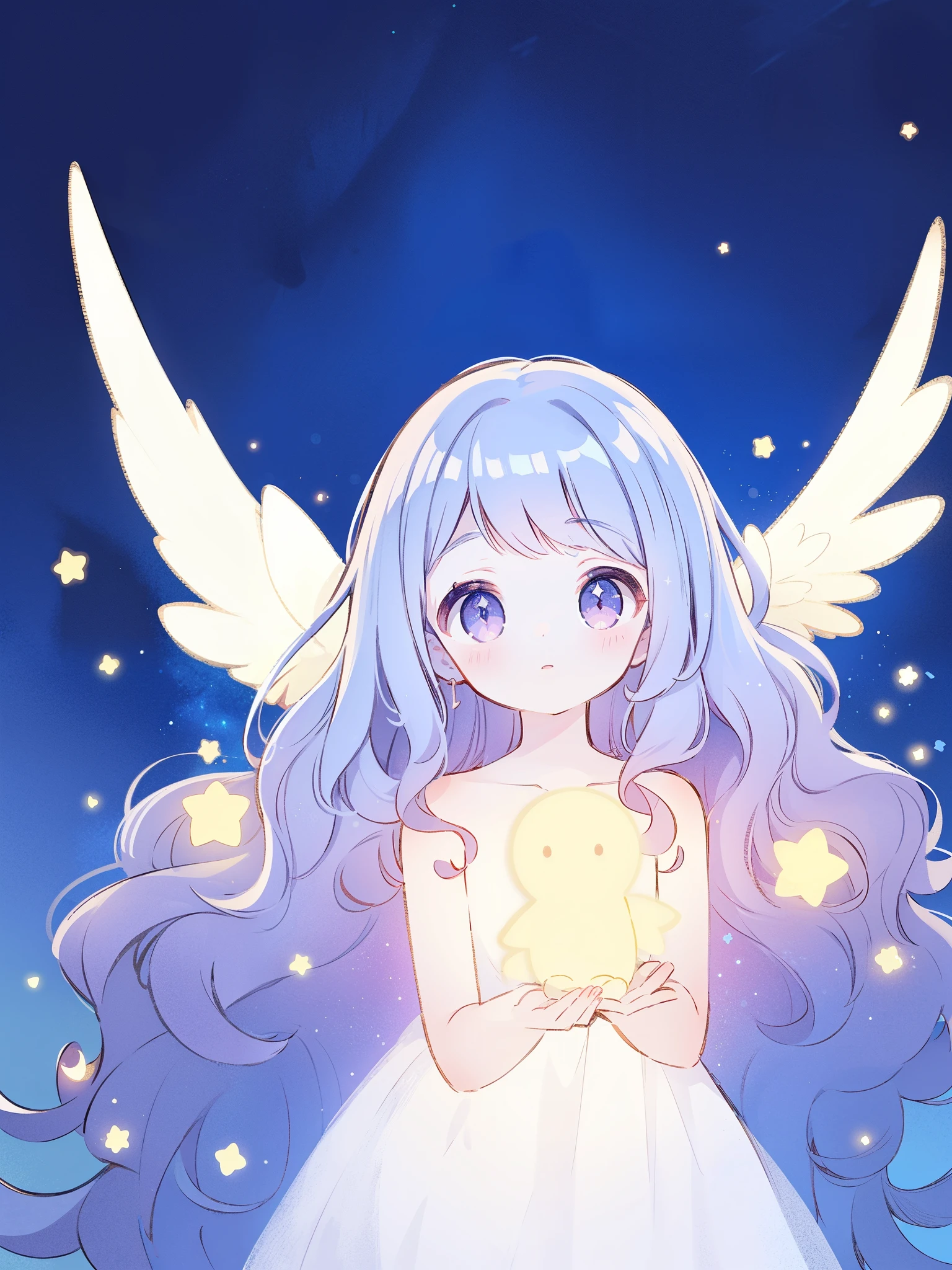 nude angel girl wearing an ethereal translucent dress, pale skin, ((wavy gradient blue purple hair)), white feathers, angel wings, sparkling detailed eyes, golden ratio face, perfect composition, highly detailed, ethereal, (starry night sky background), midjourney style