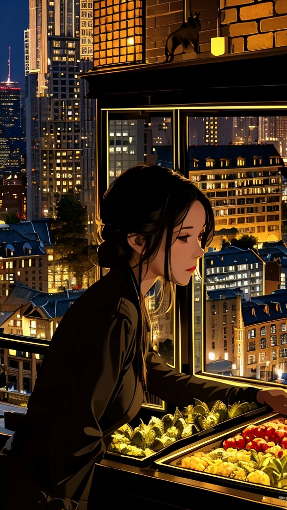 Generate an illustration of a black cat overlooking the cityscape from a high place. Overhead view. back view of cat castle. castle town. fountain. Bar. Greengrocer. Fish shop. Made of brick. Fantasy view . --s 1000 --c 5 --style raw --no lowest quality, lowest detailed, flat , realistic --niji 6