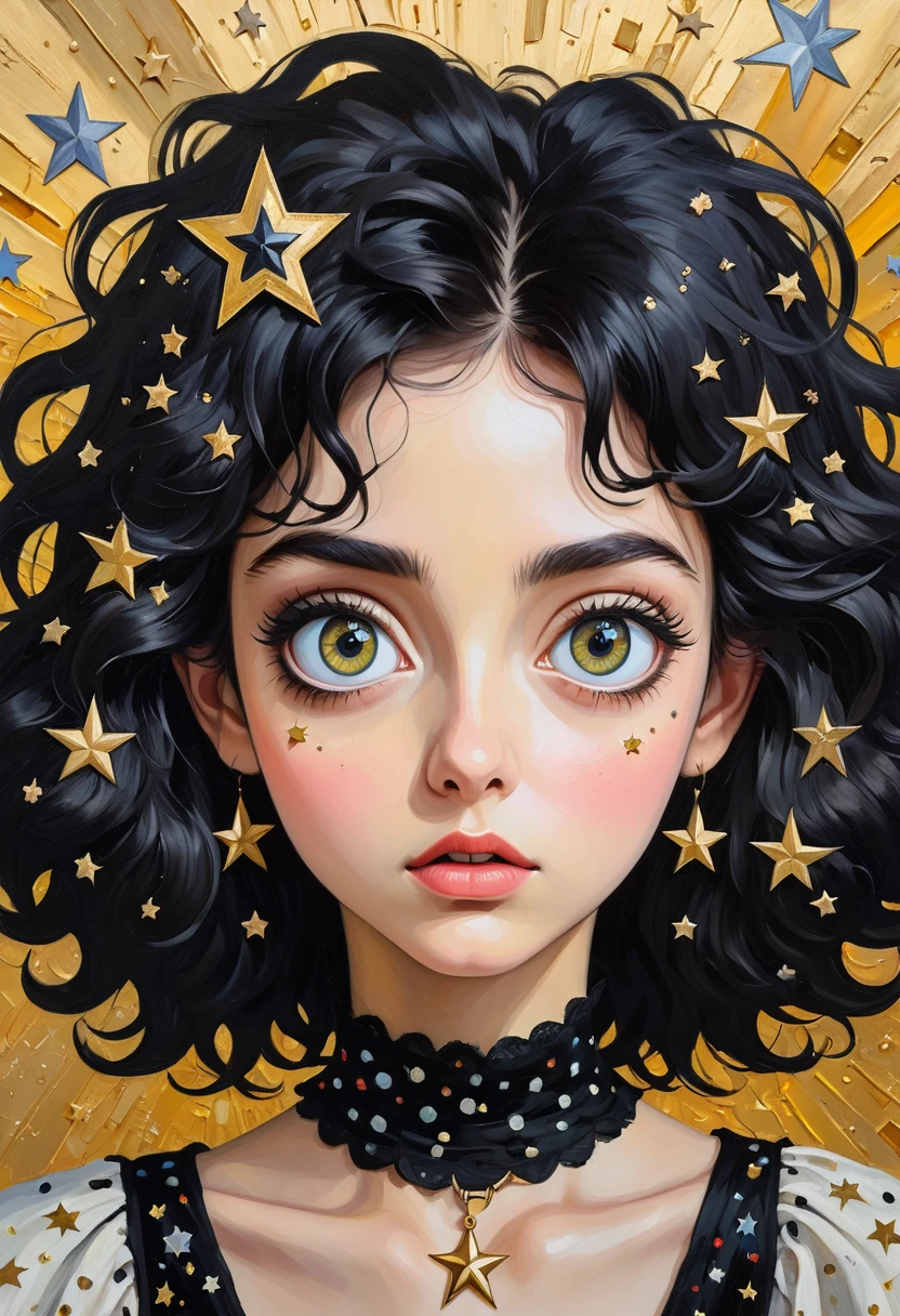 collage oil painting:Portrait of a young woman,eye details,Big eyes with stars in them.,black frizzy hair,There's a flower on my shoulder,princess dress,butterfly in the sky,glow,light pink