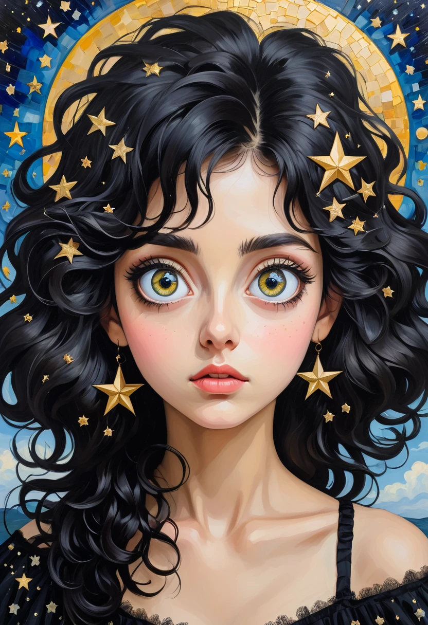 collage oil painting：Portrait of a young woman，eye details，Big eyes with stars in them.，black frizzy hair，There&#39;s a flower on my shoulder，princess dress，butterfly in the sky，glow，light pink
