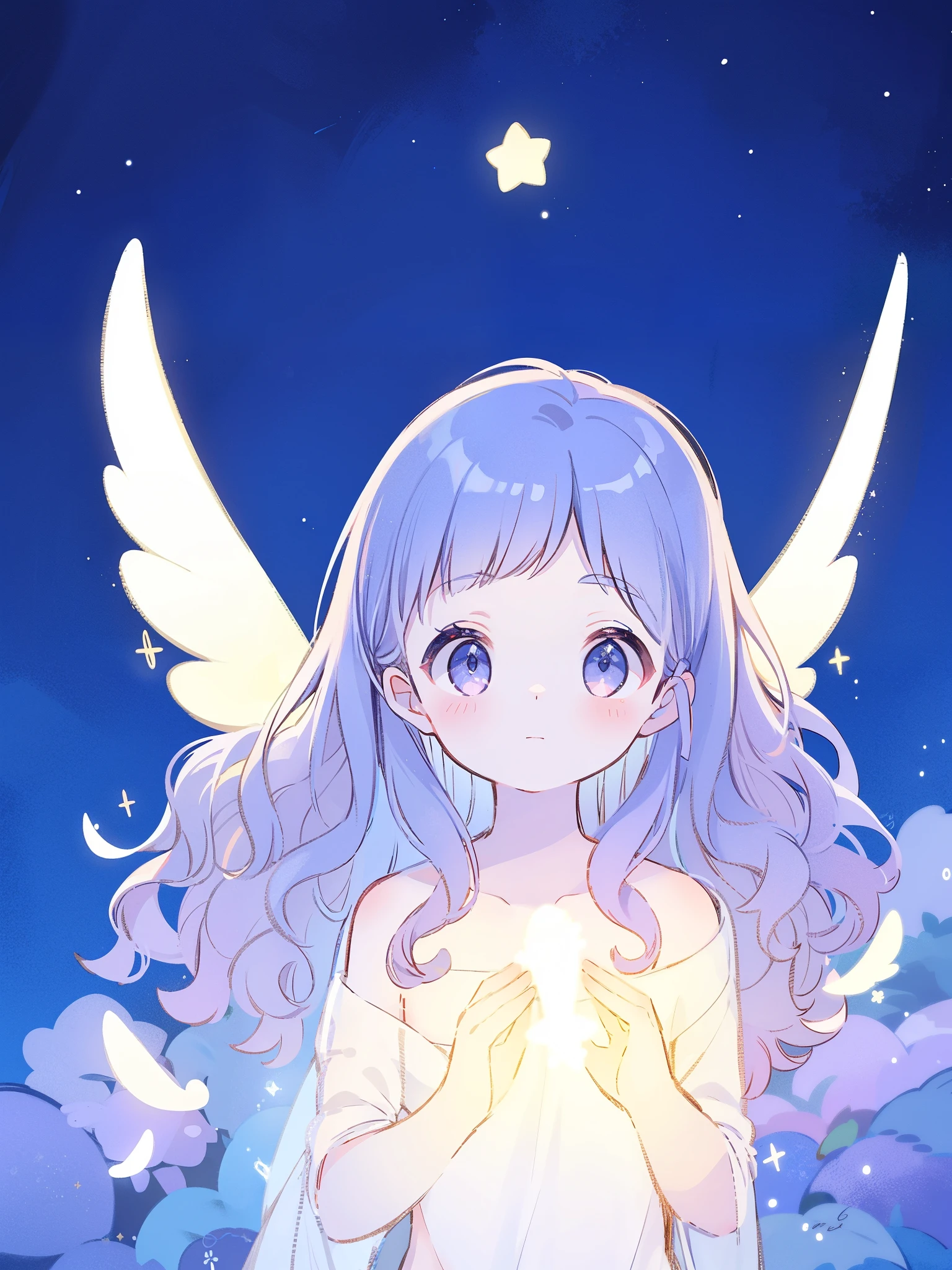 nude angel girl wearing an ethereal translucent dress, pale skin, ((wavy gradient blue purple hair)), white feathers, angel wings, sparkling detailed eyes, golden ratio face, perfect composition, highly detailed, ethereal, (starry night sky background), midjourney style