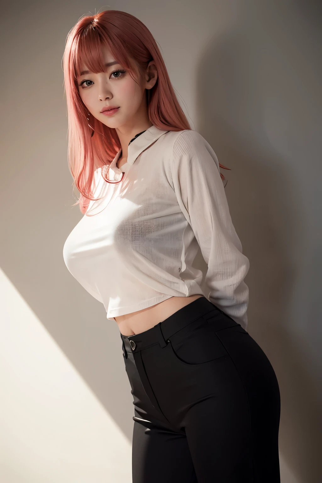 Highest quality、Ultra-high resolution、RAW shooting、Professional Lighting、Detailed Background、coastal、Full Body、Makima、25-year-old female、(High tone cherry pink hair)+(Long Hair)+(bangs)、(Yellow Eyes)、White see-through shirt,(Black trousers:1.5)、Huge breasts that look like they might burst、Modest abdominal muscles、Big Ass、Big thighs、A sloppy smile、Close your mouth、(Sweaty skin)、