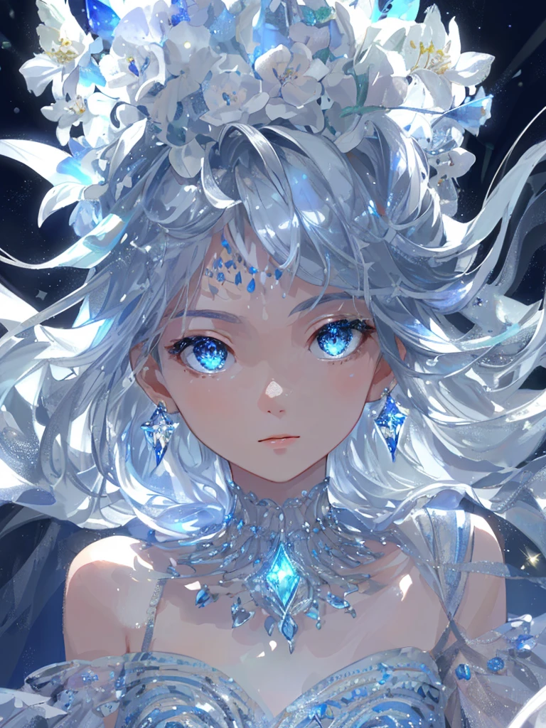 masterpiece, Highest quality, An illustration, Sax Blue, Platinum Earrings, Platinum Necklace, White Dress, 1girl, cute, (moving lighting:1.2), Cinematic lighting, Delicate facial features, Detailed eyes, Sharp pupils, Realistic pupils, Depth of written boundary, Bokeh, Sharp Focus, (Super detailed, Bloom, Glow:1.4), Many little gems