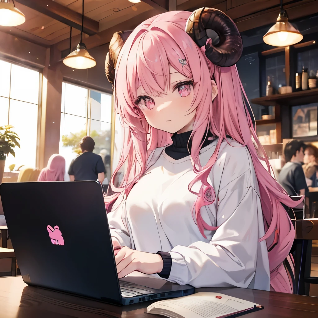 An anime-style illustration of ‘Fua-chan’ studying on a laptop in a busy cafe. Fua-chan has distinctive features: long pink hair styled in soft curls resembling sheep’s horns, and pink eyes. She is depicted sitting at a cozy table in a lively cafe, focused on her laptop with a determined expression. Around her are open notebooks, pens, and a cup of coffee. She is wearing casual, comfortable clothing. The background shows a bustling cafe interior with other patrons, baristas at the counter, and warm lighting, creating a productive yet busy atmosphere.