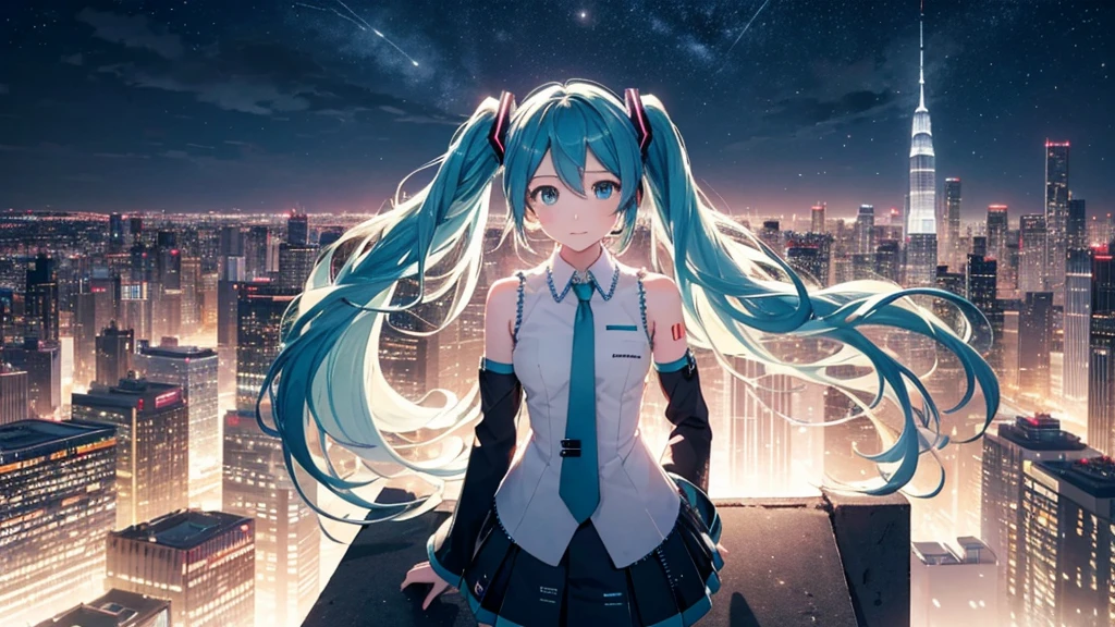 Hatsune Miku stands on the rooftop of a modern city、Behind you is the night view and shining skyscrapers.。Her silhouette is illuminated by the lights of the buildings and the moonlight.、An attempt to recover lost dreams and hopes, and a deep look into inner feelings.、It contrasts with the vibrancy of the city.。