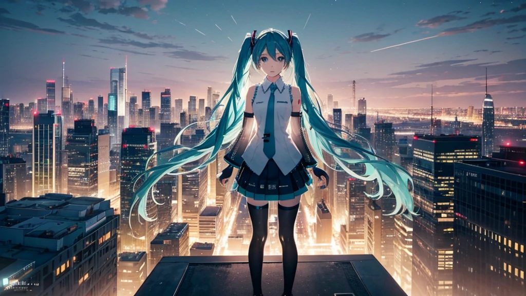 Hatsune Miku stands on the rooftop of a modern city、Behind you is the night view and shining skyscrapers.。Her silhouette is illuminated by the lights of the buildings and the moonlight.、An attempt to recover lost dreams and hopes, and a deep look into inner feelings.、It contrasts with the vibrancy of the city.。