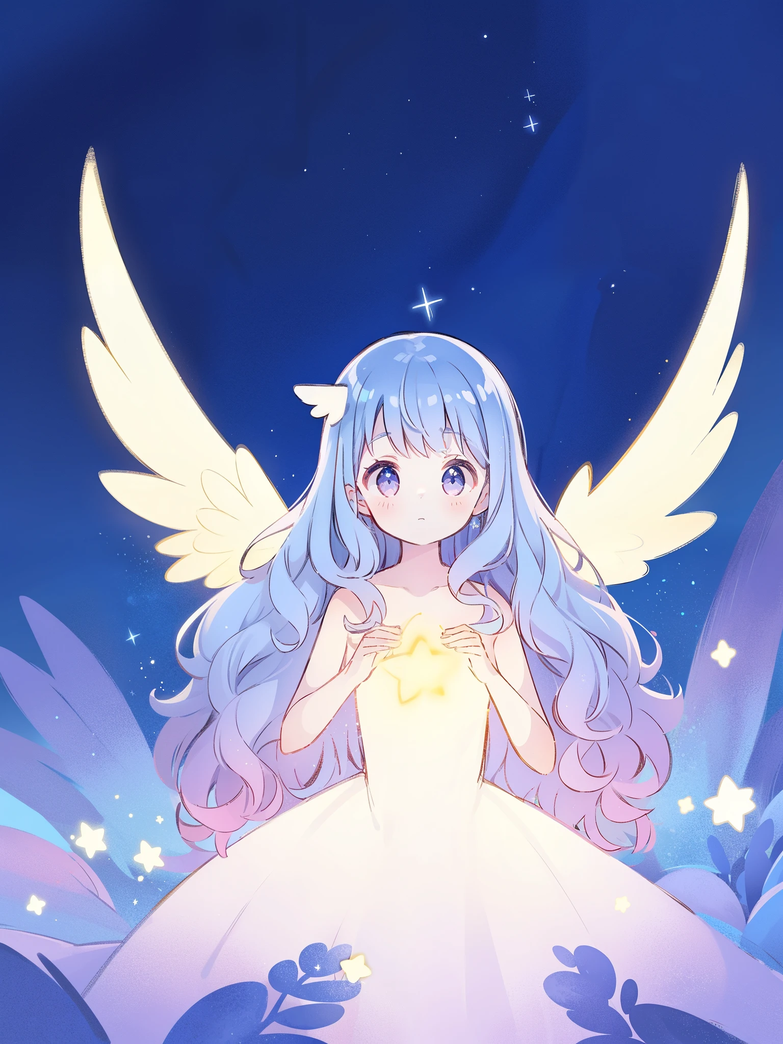 nude angel girl wearing an ethereal translucent dress, pale skin, ((wavy gradient blue purple hair)), white feathers, angel wings, sparkling detailed eyes, golden ratio face, perfect composition, highly detailed, ethereal, (starry night sky background), midjourney style