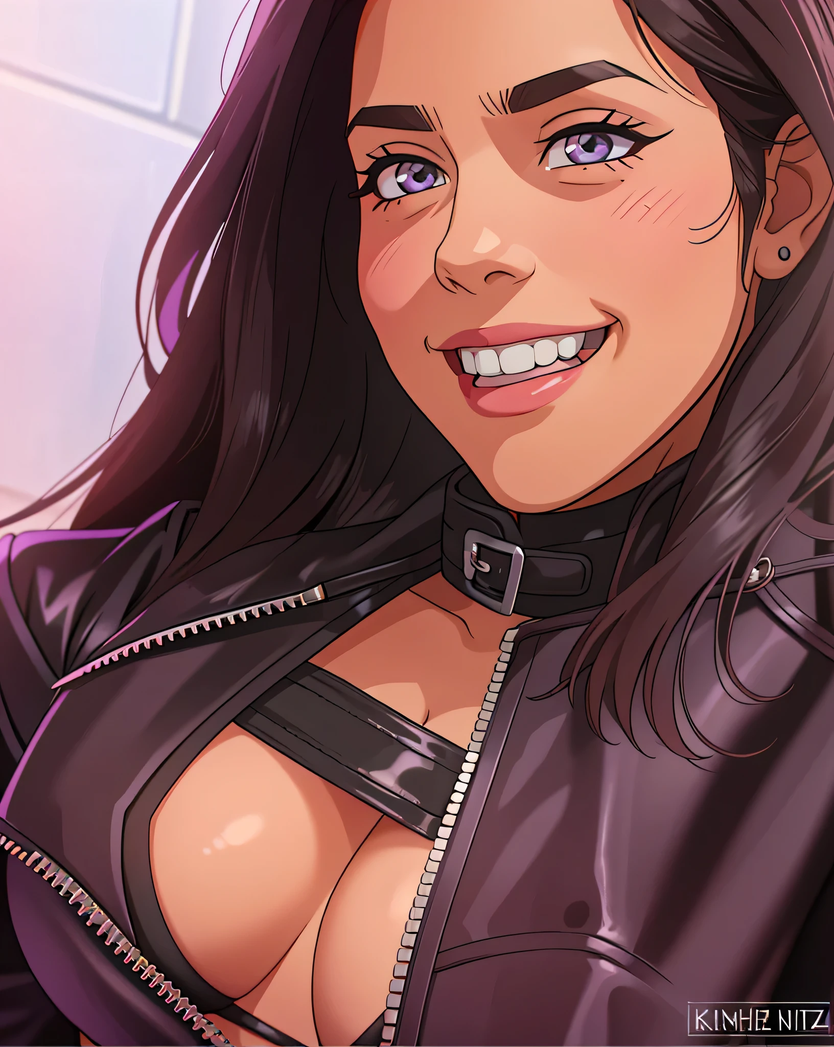 there is a woman in a black leather jacket posing for a picture, violet myers, cleavage, black leather bra, alanis guillen, in a black betch bra, lorena avarez, wearing leather swim suite, kaitlyn michelle siragusa, black bra, dressed in leather jacket, karla ortiz, fernanda suarez, dressed in short leather jacketHD,young people, cartoons, happy, happy, excited, excited, joyful, ((surprise)), carefree, beautiful eyes, cute, smiling face, UWU, happy, proud, ((smiling face)),;3, uwu