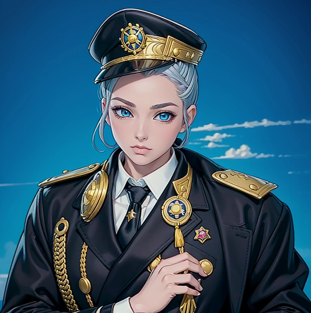 (exceptional, best aesthetic, new, newest, best quality, anime, waifu:1.2), master piece, best quality, absurdres, highres, good anatomy, pretty face, ultra detailed, (1girl:1.3), colored, 1 girl, female, blue eyes, grey hair, peak cap with red and gold part, coat, golden shoulder piece, array of medals, inside white shirt, black tie, star badge on the tie, looking at user, no hands