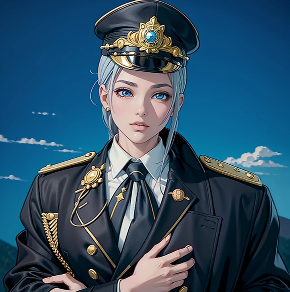 (exceptional, best aesthetic, new, newest, best quality, anime, waifu:1.2), master piece, best quality, absurdres, highres, good anatomy, pretty face, ultra detailed, (1girl:1.3), colored, 1 girl, female, blue eyes, grey hair, peak cap with red and gold part, coat, golden shoulder piece, array of medals, inside white shirt, black tie, star badge on the tie, looking at user, no hands
