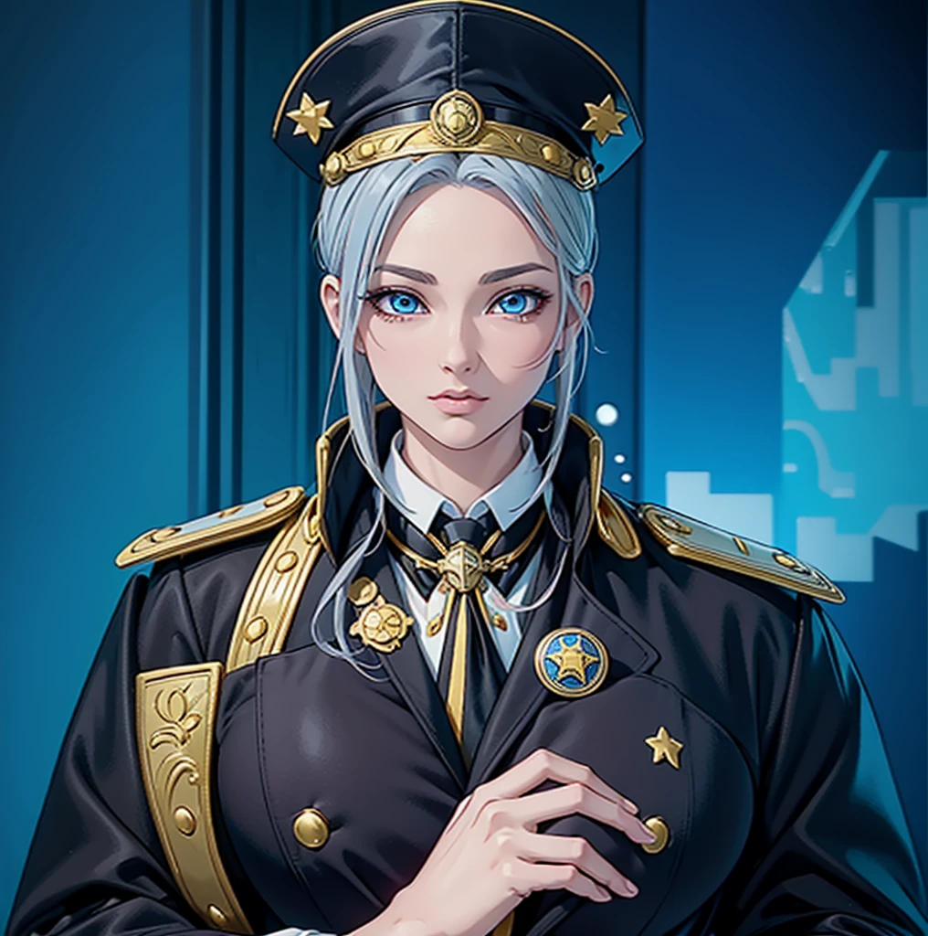 (exceptional, best aesthetic, new, newest, best quality, anime, waifu:1.2), master piece, best quality, absurdres, highres, good anatomy, pretty face, ultra detailed, (1girl:1.3), colored, 1 girl, female, blue eyes, grey hair, peak cap with red and gold part, coat, golden shoulder piece, array of medals, inside white shirt, black tie, star badge on the tie, looking at user, no hands
