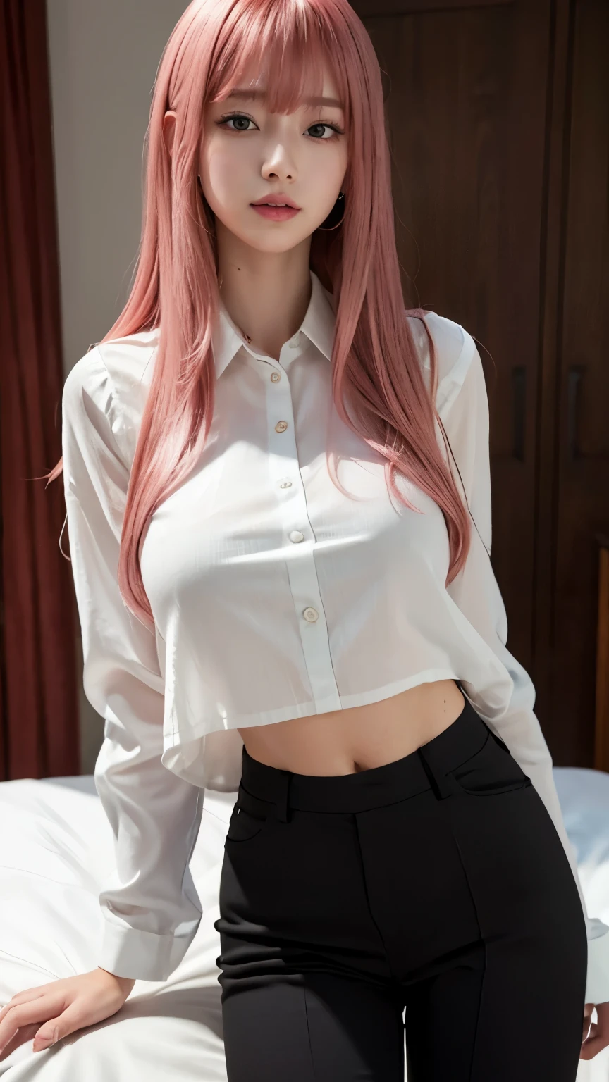 Highest quality、Ultra-high resolution、RAW shooting、Professional Lighting、Detailed Background、coastal、Full Body、Makima、25-year-old female、(High tone cherry pink hair)+(Long Hair)+(bangs)、(Yellow Eyes)、White see-through shirt,(Black trousers:1.5)、Huge breasts that look like they might burst、Modest abdominal muscles、Big Ass、Big thighs、A sloppy smile、Close your mouth、(Sweaty skin)、