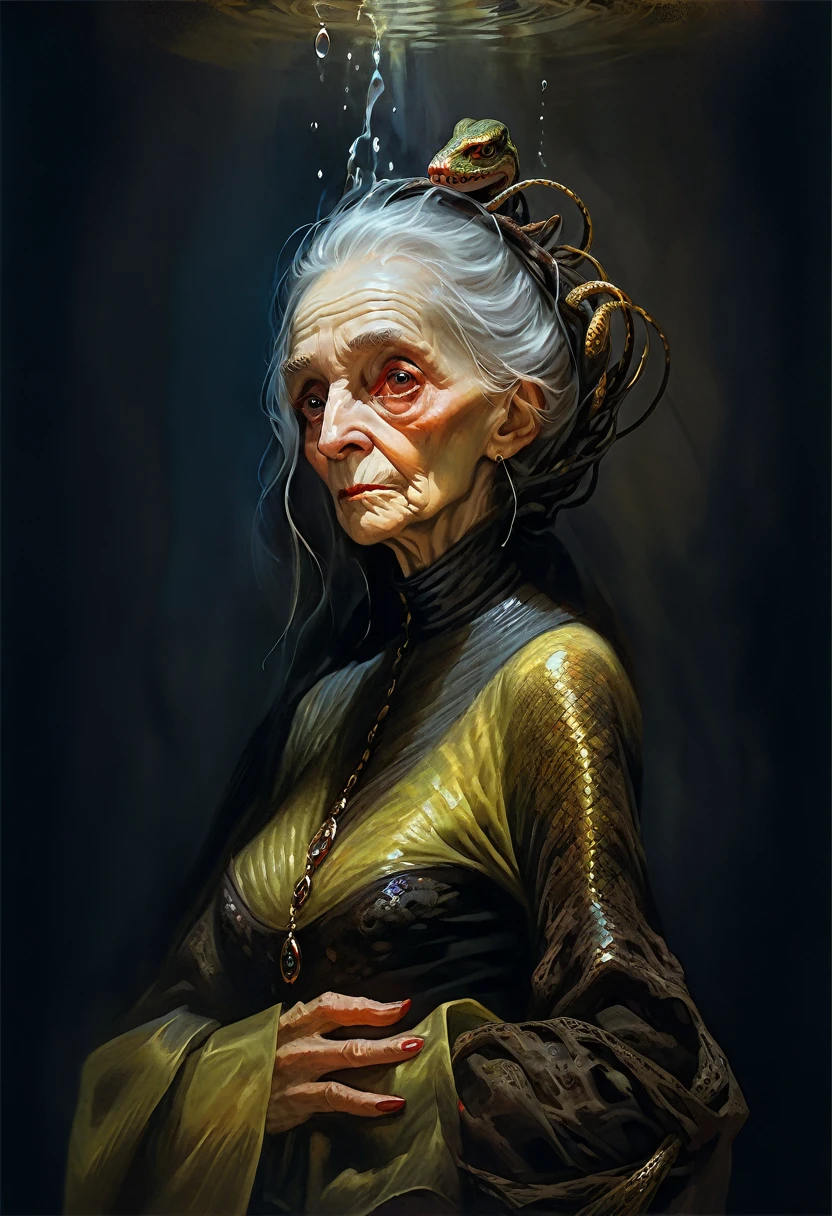 oil painting,Denis Forkas style,baroque,dark atmosphere,creepy,professional illustration,professional painting, Portrait of old deformed woman like she was a demon, deformed creepy portrait from the deep abyss,snakes,intricate details,best quality,4k,8k,highres,masterpiece:1.2,ultra-detailed,realistic,photorealistic,photo-realistic:1.37,HDR,UHD,studio lighting,ultra-fine painting,sharp focus,physically-based rendering,extreme detail description,professional,vivid colors,bokeh