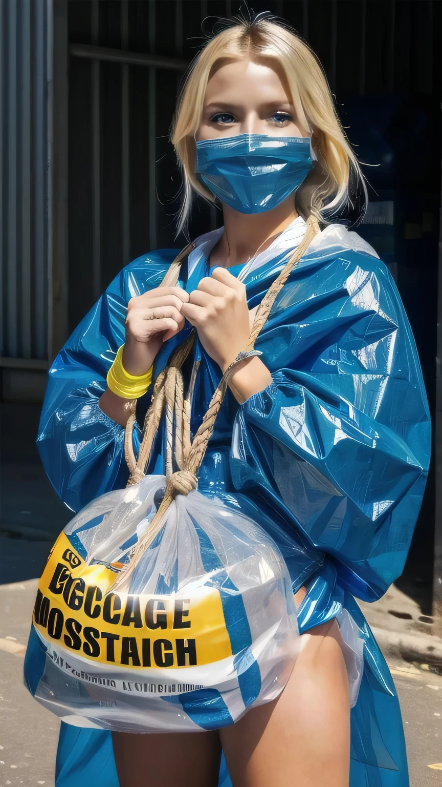 a stunningly beautiful blond woman completely wrapped up from head to toe in blue plastic garbage bags printed with the words "I AM TRASH " is tightly tied up with rope wrapped around her like a helpless human package, forced against her will, bright day, extremely photorealistic photo, highly detailed photo, portrait