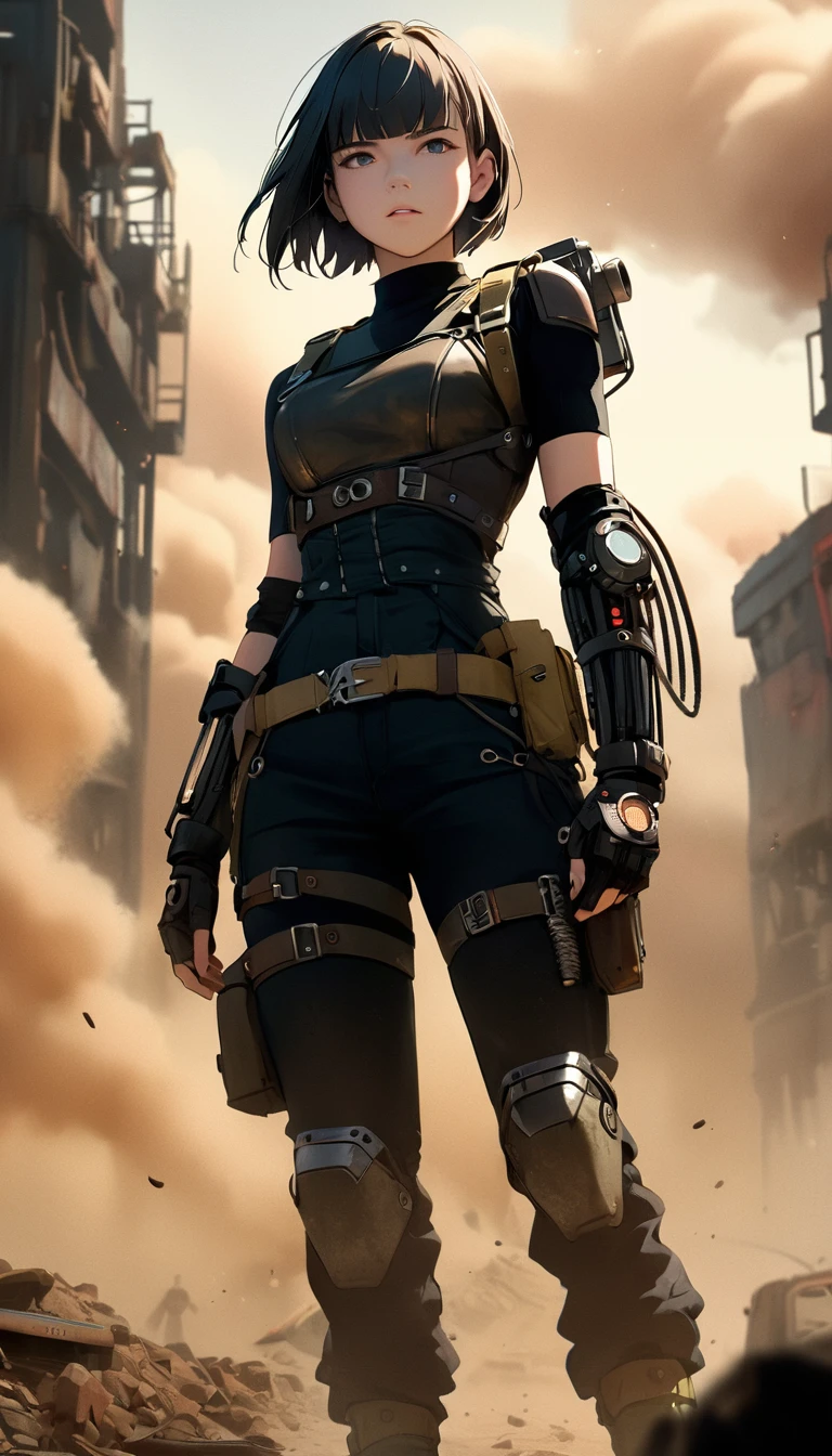 (low angle shot:1.5), (full body shot:1.2), (ohwx woman),(woman), anya taylor-joy as Furiosa, very short hair, painted black half face, single mechanical arm, wastelands, cinematic Hollywood film, digital painting, highly detailed,  masterpiece, octane render, 8k, photorealistic, dramatic lighting, gritty, post-apocalyptic, dystopian, muted colors, dust storm, windblown hair, intense gaze, strong jawline, rugged features, determined expression, camera shot from ground level, 