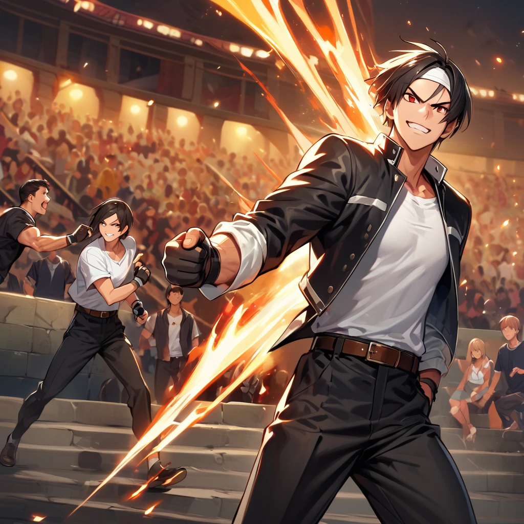 masterpiece、2 people、Men and women before the match、One to One、最high resolution、8k、With a grin、Fighting Pose、Fighting Tournament: 1.5,(Kyo Kusanagi), Man has black skin、Red eyes、One person、((White headband))ツーshot、Black jacket(Roll up your sleeves)、Fingerless gloves、Black Hair、White T-shirt、Black pants、White shoes、Brown belt、boyish、good looking、shot、Charming、masterpiece、high resolution、Detailed face、granular、morning、A confident smile、Fighting man and woman with the Arles amphitheatre in the background、much-air-laden cheer、Same hair、Same hairと服、Angry face: 1.Attack Speed 5, Fast Attack, Angry face, Angry face