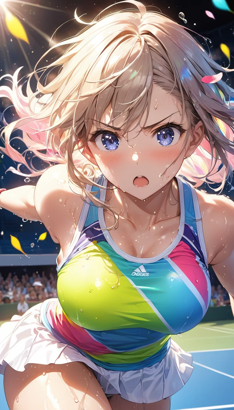 (Sports magazine cover photo), Highest quality, Great quality, 16K, Unbelievably absurd, Very detailed, delicate and dynamic, Natural light, The particles reflect light, Diffuse reflection of light, Many rainbow-colored petals fall, Beautiful field, Sparkling Sun, Diffuse reflection of light, Create amazing image effects, , Wet, sweating, Tennis, receive, Close-up(Cute sexy girl, big bouncing busts, Sensual expression, Cool girl, Serious, passion, Dynamic, Flashy tennis wear, ,audience , much-air-laden cheer)