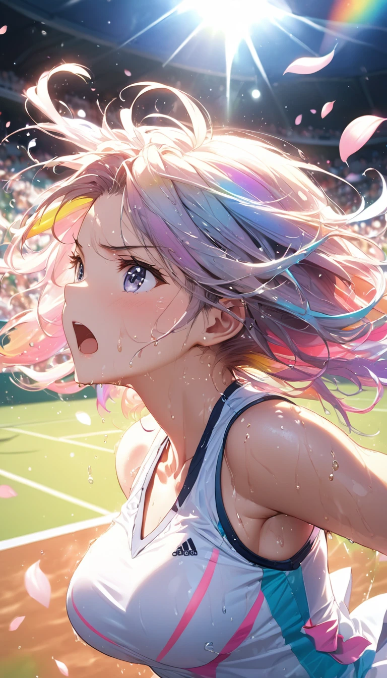 (Sports magazine cover photo), Highest quality, Great quality, 16K, Unbelievably absurd, Very detailed, delicate and dynamic, Natural light, The particles reflect light, Diffuse reflection of light, Many rainbow-colored petals fall, Beautiful field, Sparkling Sun, Diffuse reflection of light, Create amazing image effects, , Wet, sweating, Tennis, receive, Close-up(Cute sexy girl, big bouncing busts, Sensual expression, Cool girl, Serious, passion, Dynamic, Flashy tennis wear, ,audience , much-air-laden cheer)