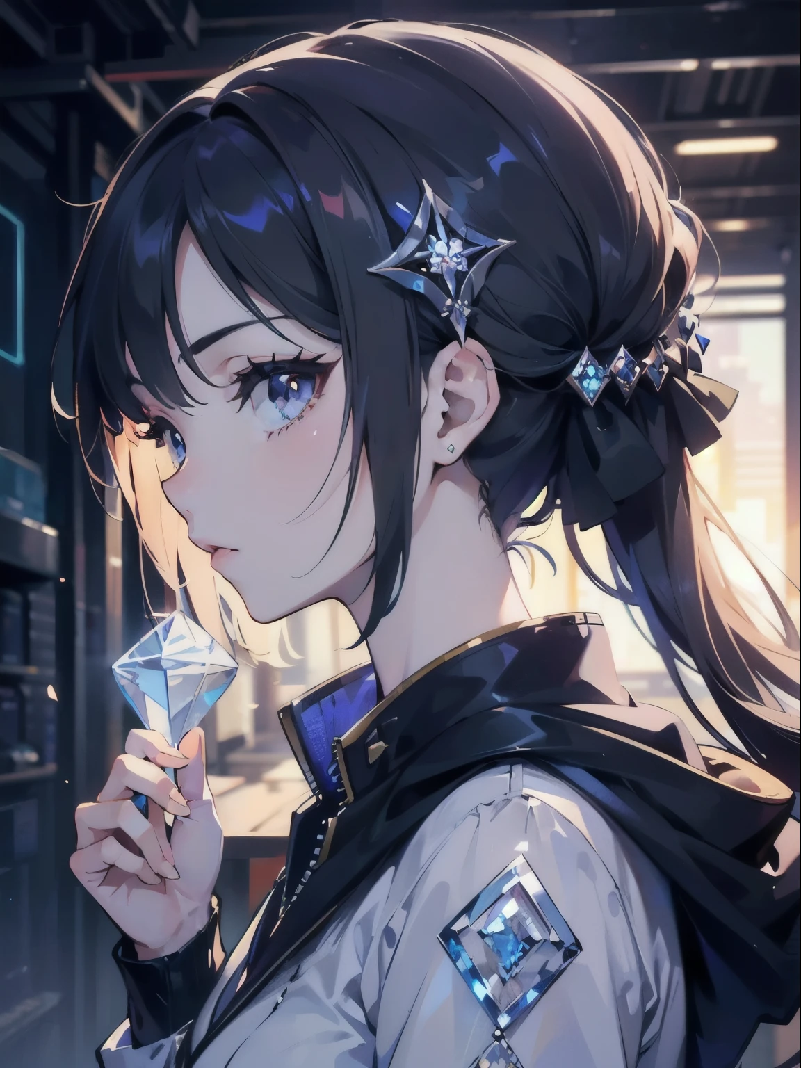 a detailed side view portrait of a beautiful anime girl with cinematic lighting, ((((holding a diamond)))), in a futuristic city, digital art, 4k, high quality